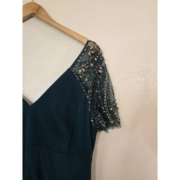 XSCAPE Green Embellished Sheer Matte Jersey Gown Dress Size 18 Ruched Maxi Long XSCAPE Green Embellished Sheer Matte Jersey Gown Dress Size 18 Ruched Maxi Long
